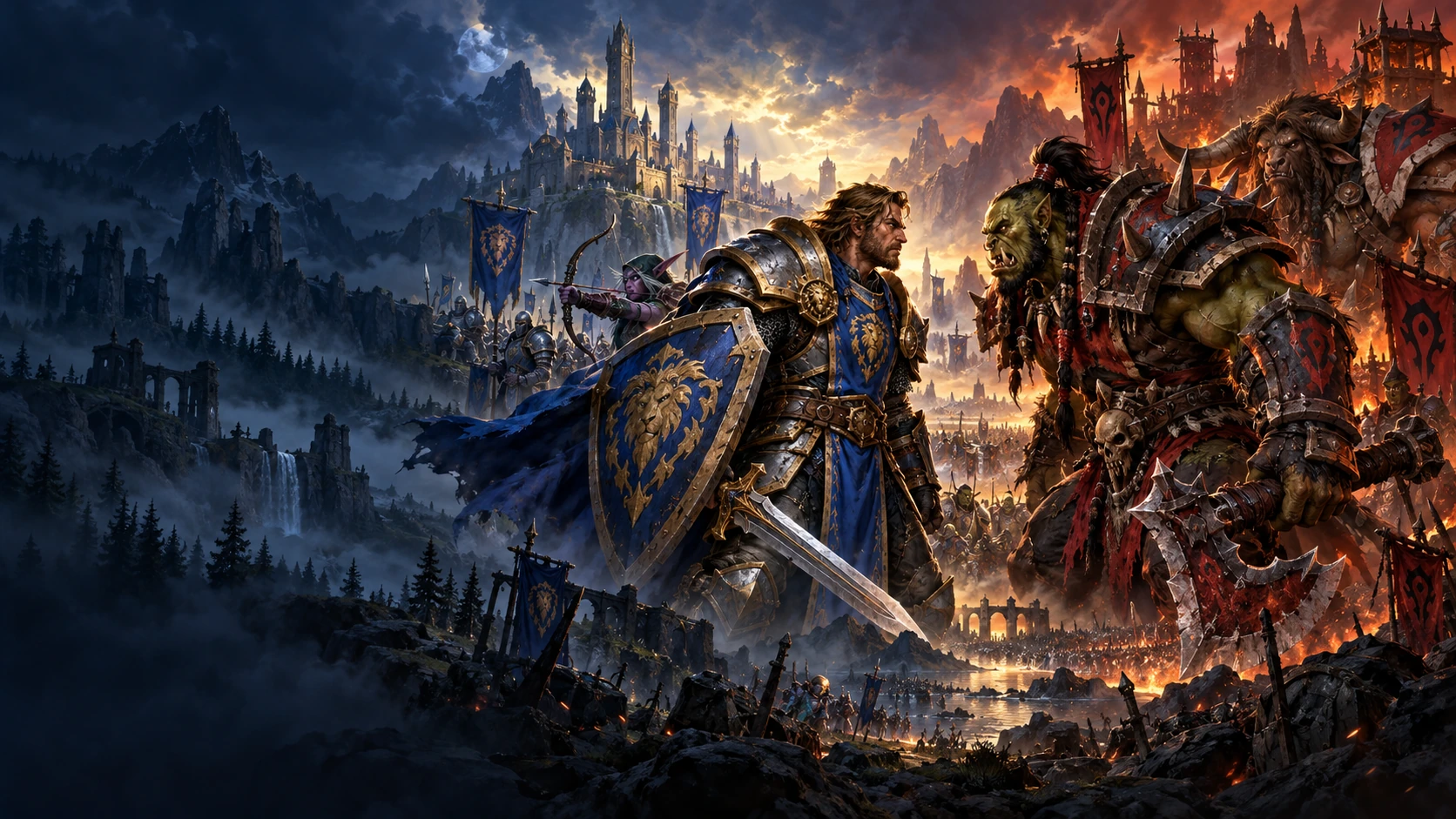 Alliance and Horde champions at dawn over Azeroth